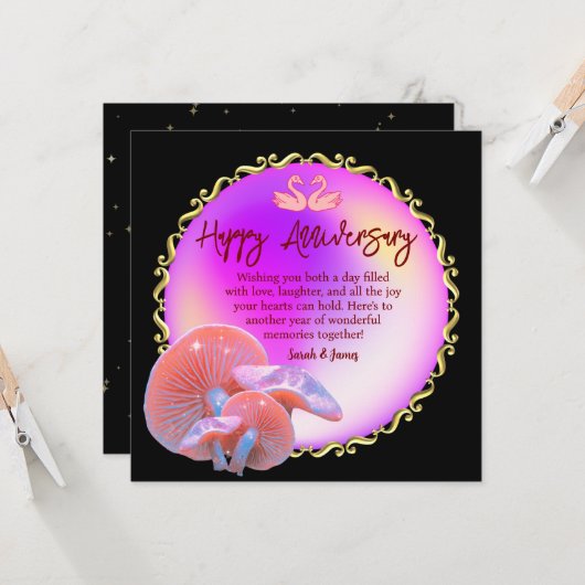 Romantische Zwaan Pastel Happy Jubileum Gold Accen Kaart (Voorkant / Achterkant in situ)