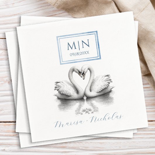Romantische Zwaan Trouwservetten Blauw Monogram Servet