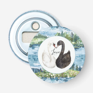 Romantische zwanen blauwe meer waterlelies button flesopener