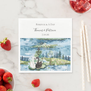 Romantische zwanen blauwe waterlelies bruiloft servet