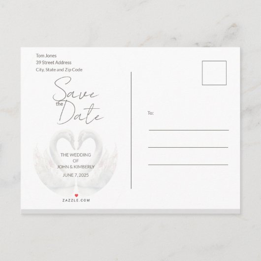 Romantische zwanen bruiloft save the date Briefkaa Aankondigingskaart (Achterkant)