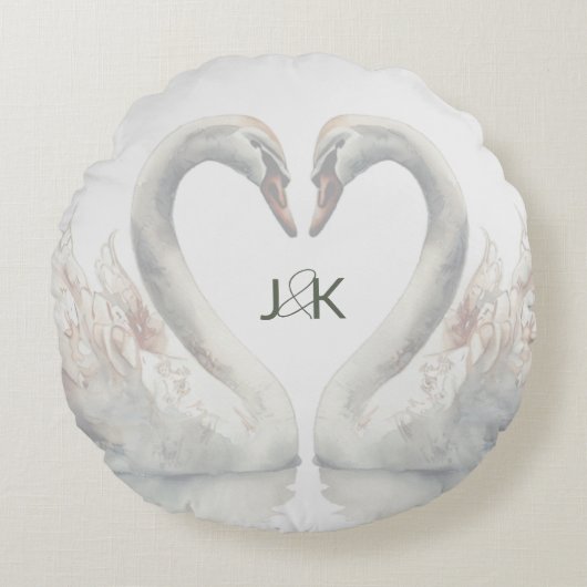 Romantische zwanen huwelijks koppelmonogram rond kussen (Voorkant)