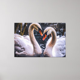 Romantische zwanen in een winterwonderland canvas afdruk