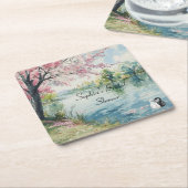 Romantische zwanen meer bruidsdouche   kartonnen onderzetters (Schuin)