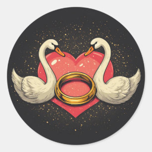 Romantische zwanen met hartvorm, trouwring ronde sticker