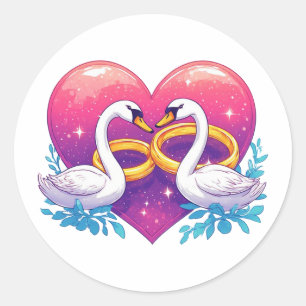 Romantische zwanen met hartvorm, trouwringen ronde sticker