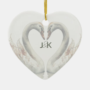 Romantische Zwanen Trouwpaar Monogram Keramisch Ornament