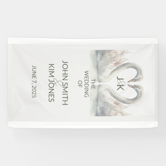 Romantische Zwanen Trouwpaar Monogram Spandoek (Horizontaal)