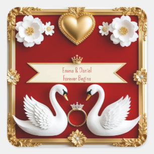 🌹 Romantische Zwanenbruiloft Met Rode Gouden Lijs Vierkante Sticker