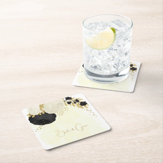 Romantische zwarte en witte bloemen goud kartonnen onderzetters (Insitu)