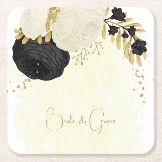 Romantische zwarte en witte bloemen goud kartonnen onderzetters (Voorkant)