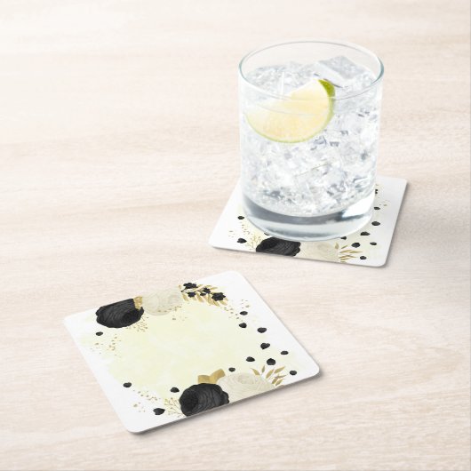 Romantische zwarte en witte bloemen goud kartonnen onderzetters (Insitu)