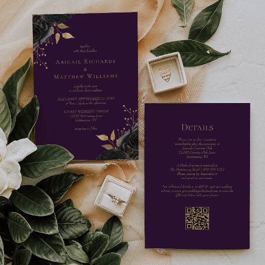Romantische Zwarte Gouden Bloemige Paarse QR Code Kaart