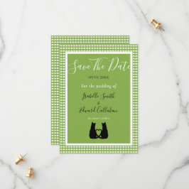 Romantische zwarte kat paar groene gingham patroon save the date