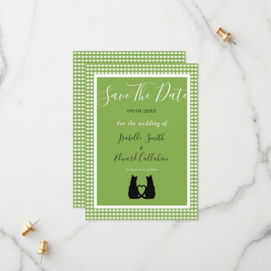 Romantische zwarte kat paar groene gingham patroon save the date (Voorkant / Achterkant in situ)