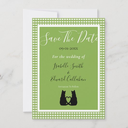 Romantische zwarte kat paar groene gingham patroon save the date (Voorkant)
