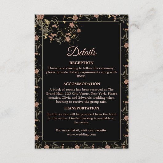 Romantische zwarte thee en roze bruiloft informatiekaartje (Voorkant)