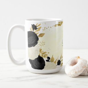 Romantische zwarte & witte bloemen gouden trouw koffiemok