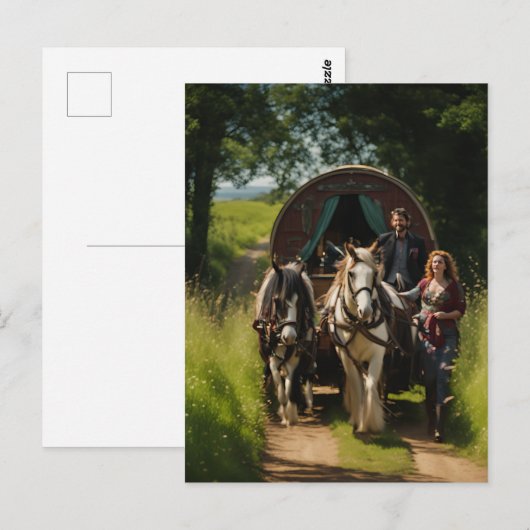 Romany zigeunercaravan met vrouw die de paarden le briefkaart