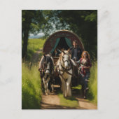 Romany zigeunercaravan met vrouw die de paarden le briefkaart (Voorkant)
