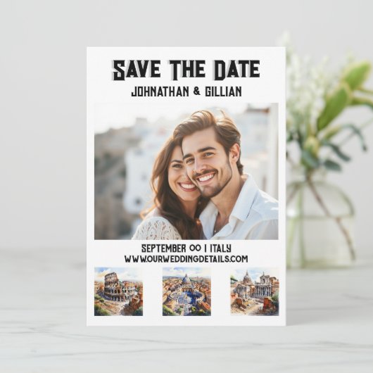 Rome bruiloft 3 foto waterverf bezienswaardigheden save the date (Staand voorkant)