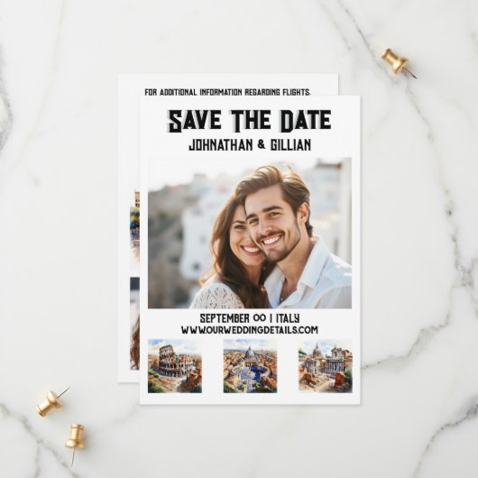 Rome bruiloft 3 foto waterverf bezienswaardigheden save the date (Voorkant / Achterkant in situ)