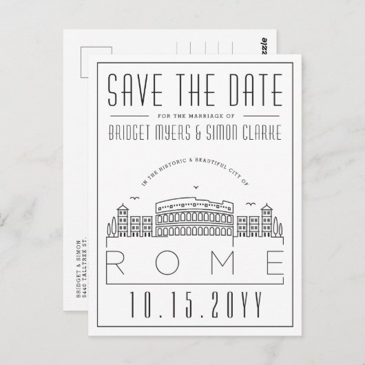 Rome bruiloft | Gestileerde skyline De datum opsla Briefkaart (Voorkant / Achterkant)