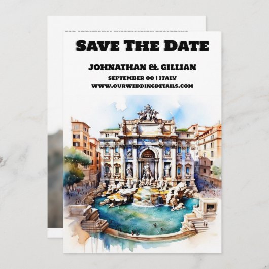 Rome bruiloft save the date trevi fontein chic (Voorkant / Achterkant)