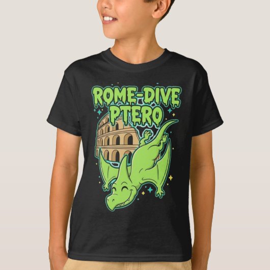 Rome-Dive Ptero Cute Dinosaur & Colosseum Travel A T-shirt (Voorkant)