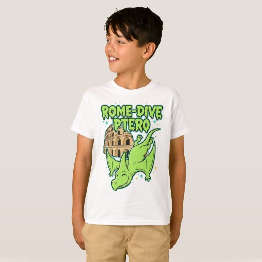 Rome-Dive Ptero Cute Dinosaur & Colosseum Travel A T-shirt (Voorkant volledig)