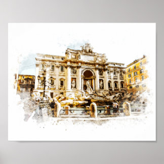 ROME Italië Trevi Fontein Waterverf Schilderen Rom Poster