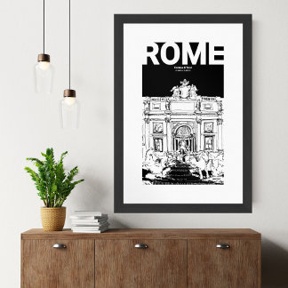 Rome Trevi Fontein Zwart Wit Travel Sketch Poster