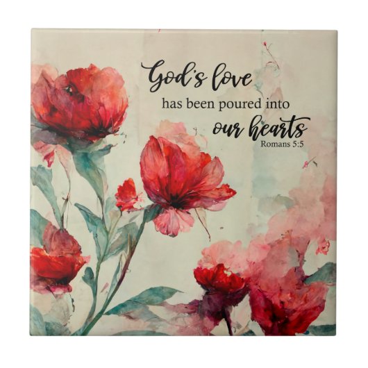 Romeinen 5:5 God's liefde bijbel vers rood roze bl Tegeltje (Voorkant)