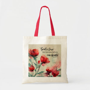 Romeinen 5:5 God's liefde bijbel vers rood roze bl Tote Bag
