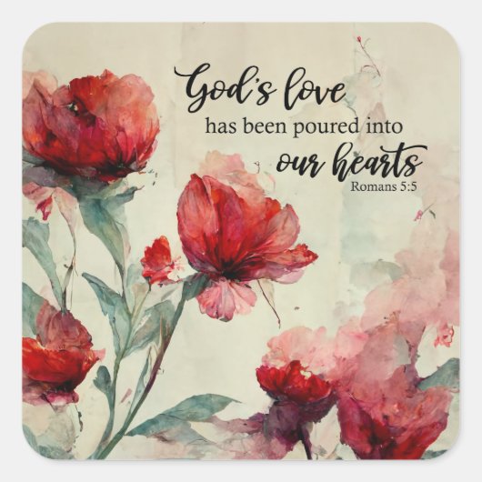 Romeinen 5:5 God's liefde bijbel vers rood roze bl Vierkante Sticker (Voorkant)