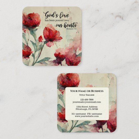 Romeinen 5:5 God's liefde bijbel vers rood roze bl Vierkante Visitekaartje (Voorkant / Achterkant)