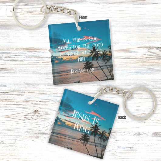 Romeinen 8:28 Bijbelverse w/ Tropisch strand Sunse Sleutelhanger