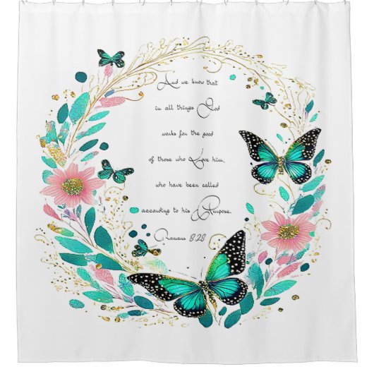 Romeinen 8:28 Bloemen en vlinders Douchegordijn (Voorkant)