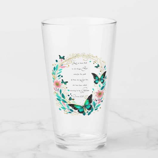 Romeinen 8:28 Bloemen en vlinders Glas (Voorkant)