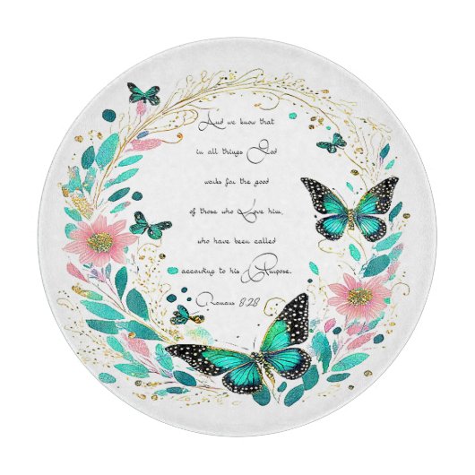 Romeinen 8:28 Bloemen en vlinders Snijplank (Voorkant)