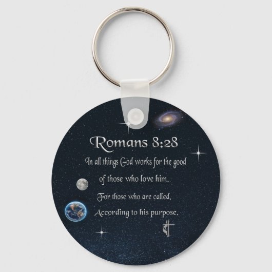 Romeinen 8:28 christelijke Bijbelvers Sleutelhanger (Voorkant)