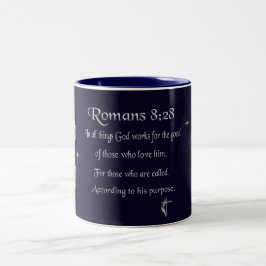 Romeinen 8:28 christelijke Bijbelvers Tweekleurige Koffiemok