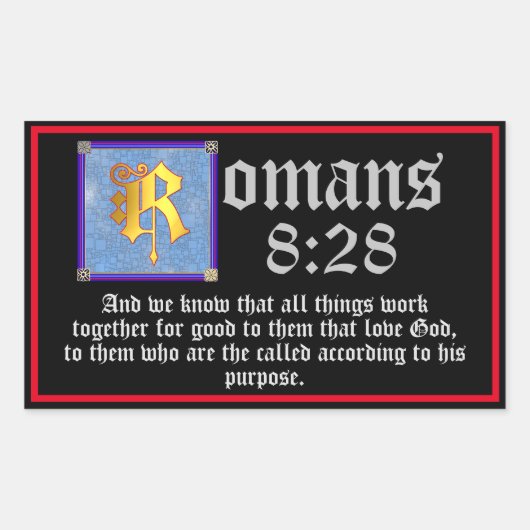 Romeinen 8:28 Gold Illuminated Letter bijbelprijso Rechthoekige Sticker (Voorkant)