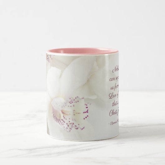 Romeinen 8:39 Liefde van God Bijbelwitte Orchideeë Tweekleurige Koffiemok (Center)