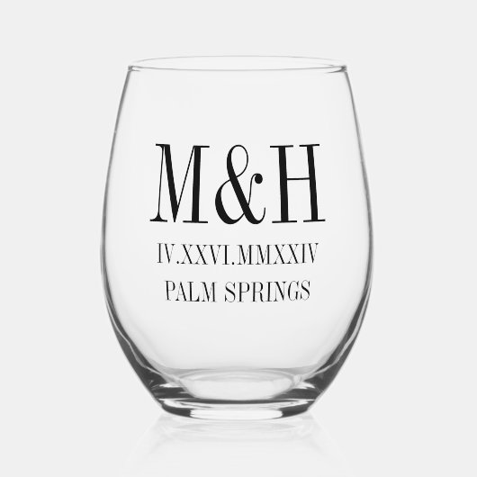 Romeinse cijfers datum, Initialen, stad bruiloft g Wijnglas Zonder Voet (Voorkant)