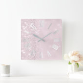 Romeinse cijfers Zilveren Roze Blush Groene Glitte Vierkante Klok (Huis)