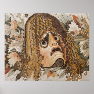 Romeinse mozaïek, met masker, met bladeren en met  poster