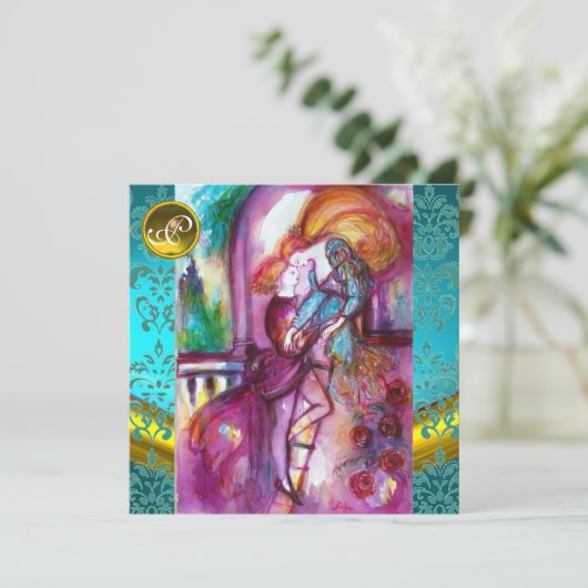 ROMEO EN JULIET Aqua Blauw, Groentelblauw Damast B Kaart (Staand voorkant)