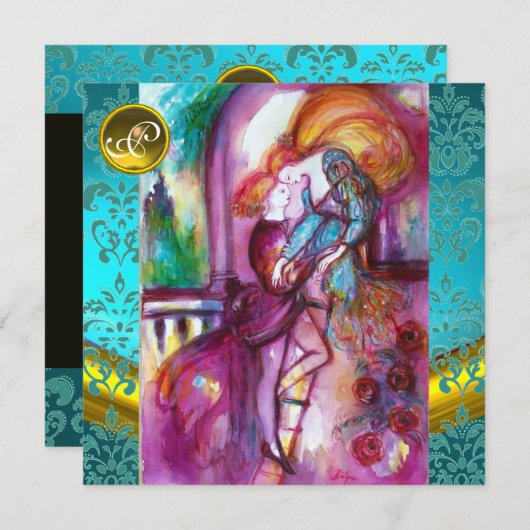 ROMEO EN JULIET Aqua Blauw, Groentelblauw Damasten Kaart (Voorkant / Achterkant)