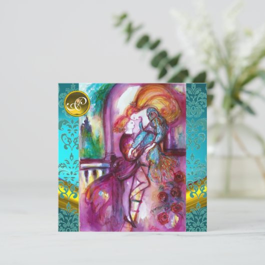 ROMEO EN JULIET Aqua Blauw, Groentelblauw Damasten Kaart (Staand voorkant)